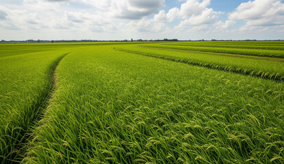 Obraz premium Expansive Green Rice Paddy Field Under Blue Sky with Clouds