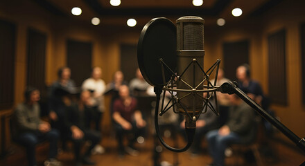 Studio Recording Session: Singers and Microphone