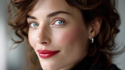 Elegant portrait of a young woman with curly hair and striking makeup in a modern indoor setting