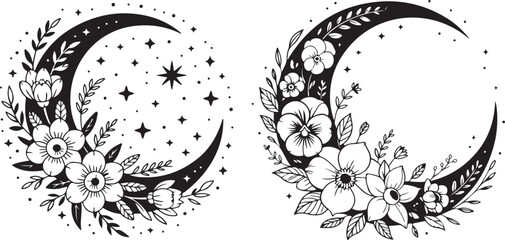 This image features two stylized crescent moons, each adorned with an arrangement of various flowers, leaves, and stars, rendered in black and white for a mystical botanical theme.