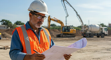 Construction Worker Reviewing Blueprint at a Construction Site