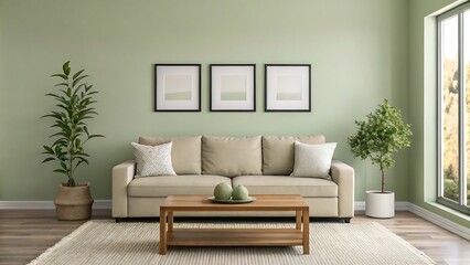 Cozy Sage Green Living Room with Modern Furniture and Plants