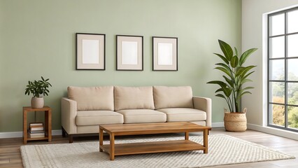 Cozy Living Room with Light Beige Sofa and Wooden Furniture