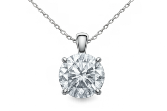 Oval diamond pendant hanging from silver chain, isolated on transparent background, perfect for jewelry and luxury designs