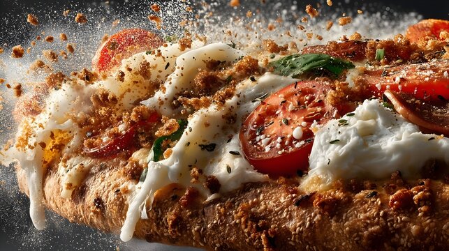 Explosive deconstruction of fresh ingredients on a gourmet pizza with vibrant colors and textures