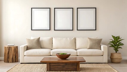 Cozy Beige Living Room with Blank Frames and Wooden Accent Pieces