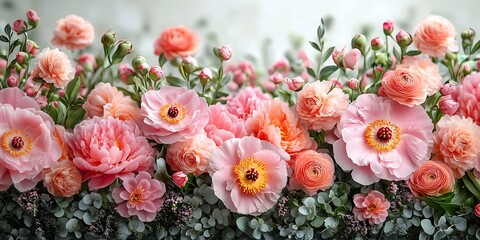Vibrant pink and peach peonies and roses with soft green foliage

