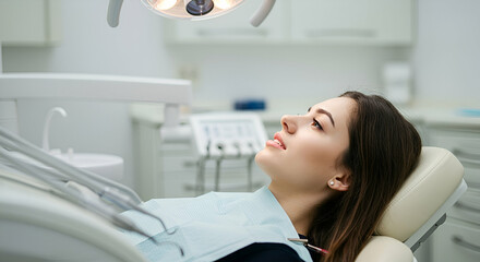Fototapeta premium Young Woman at Dentist Appointment in Modern Dental Office