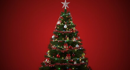 Decorated christmas tree on red background