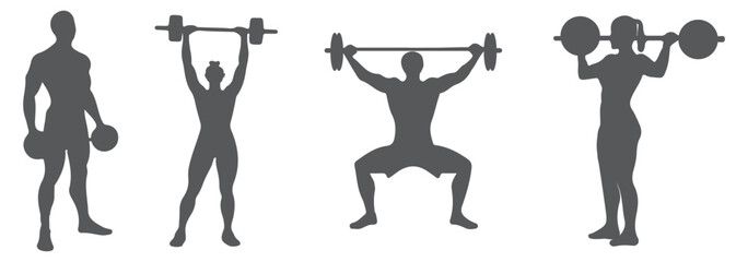 Weightlifting silhouette icon set. Male and female athlete. Gym Silhouette Vector Art Icons. Eps 10.