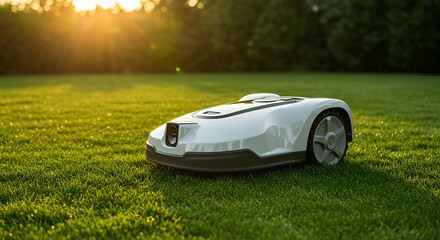 White Robotic Lawnmower on Lush Green Grass at Sunset