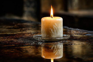 Melting candle flickers softly reflecting in calm mirror surface