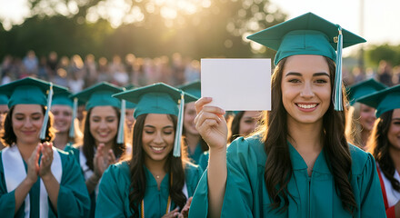 Smiling Female Graduate Holding Blank Card at Outdoor Graduation Ceremony