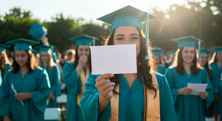 Smiling Female Graduate Holds Blank Card at Outdoor Ceremony