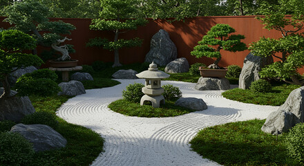 Serene Japanese Zen Garden with White Sand and Bonsai Trees