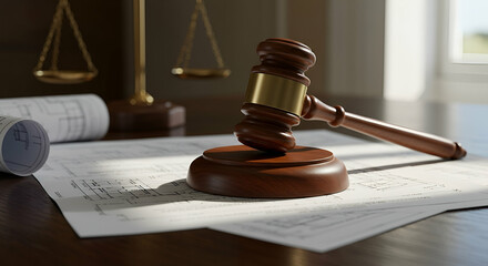 Wooden Gavel on Legal Documents with Scales of Justice in Sunlight