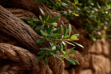 Intricate textures of olive tree bark with new green growth
