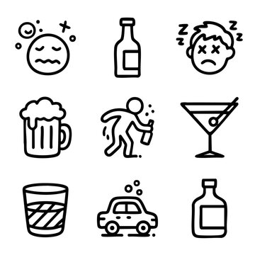 A set of doodle line icons showing alcohol, drunk driving, hangover, beer, cocktails, intoxicated people, and liquor bottles