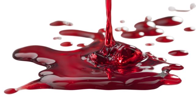A vibrant red splash, reminiscent of wine or nail polish, erupts from a glass, a dynamic liquid motion isolated on white