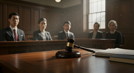 Courtroom Scene with Gavel and Jury