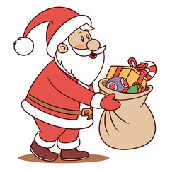 Happy santa claus character holding a sack full of christmas gifts and candy cane silhouette