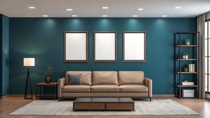 Minimalist Interior Design: Green Walls and Brown Leather Sofa