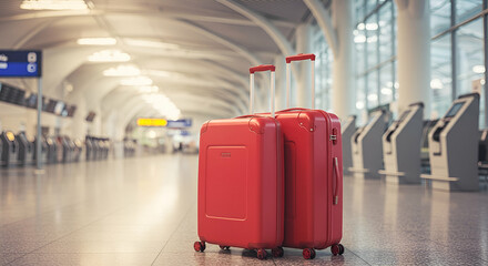 Two Red Suitcases in Airport Terminal