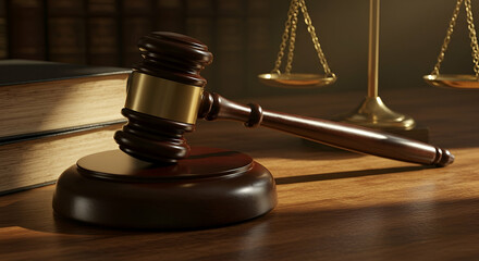 Wooden Gavel and Scales of Justice on Wooden Table