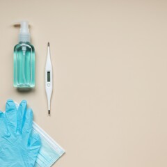 Essential Hygiene Kit: Hand Sanitizer, Gloves, Mask, and Thermometer for Health and Safety