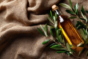 Fresh olive oil bottle with green branches on rustic linen cloth