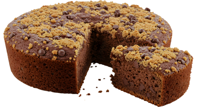 A freshly baked chocolate cake with a crumbly topping, partially sliced, set against a white background, ideal for dessert photography