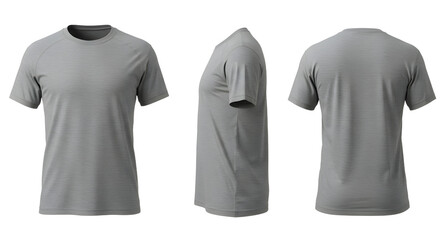 A gray athletic t-shirt displayed from multiple angles on a plain background, showcasing its fit and design for sportswear use