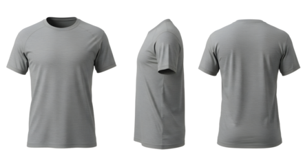 A gray athletic t-shirt displayed from multiple angles on a plain background, showcasing its fit and design for sportswear use