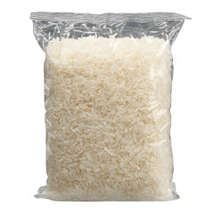 Close-up of a bag filled with healthy, raw white rice grains, showcasing natural texture and an organic meal ingredient