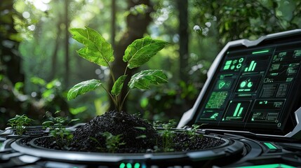 Futuristic Plant Growth with Smart Technology in a Lush Forest