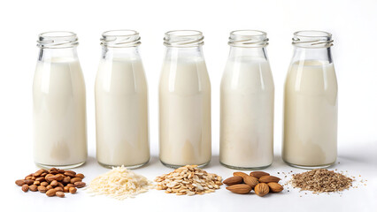 Assorted vegan milk in glass bottles with nuts and grains for healthy lactose free diet concept idea