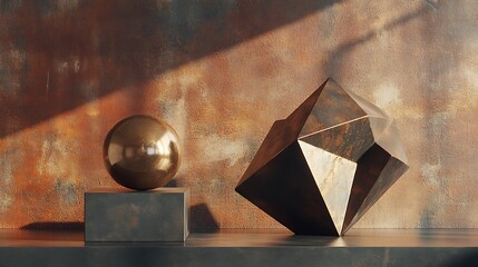 Metallic golden sphere atop a dark cube mirrors sunlight, beside a geometric form casts light