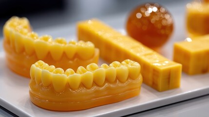 Teeth molds displayed like sculptures in an art gallery, avant-garde approach