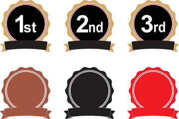 Position 1st, 2nd, third award labels stock illustration. Winner badge guarantee winning prize ribbon. Medals, awards, ribbons for first, second, third place with round edges.