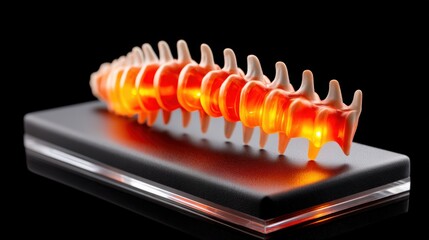 A high-angle shot of a glowing chiropractic spine model on a sleek black background, with soft lighting highlighting each vertebra