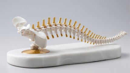 Fototapeta premium A minimalist composition of a spine model with golden accents, placed on a white marble surface, clean and professional