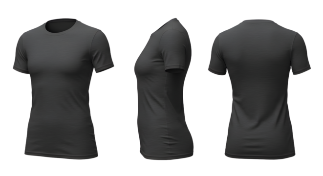 A seamless 3D mockup of a plain black t-shirt displayed from multiple angles, showcasing its fit and fabric texture