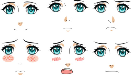 Anime Female Character Expression Set Front View Vector