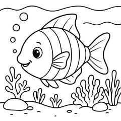 A playful fish swims through a lively coral reef in this charming underwater scene. Designed in black and white cartoon style, it's perfect for children to color and explore ocean life.