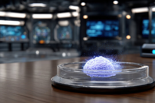 Holographic AI brain projected in a futuristic workspace