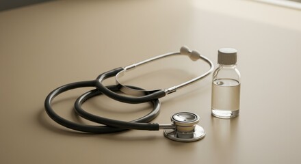 Medical Supplies on Table: Stethoscope and Medicine Vial, Healthcare and Wellness Concept