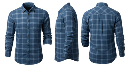 A stylish blue plaid shirt displayed from multiple angles, showcasing its design and fabric texture, ideal for fashion catalogs