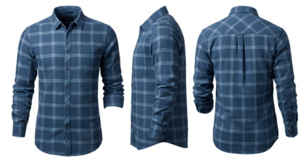 A stylish blue plaid shirt displayed from multiple angles, showcasing its design and fabric texture, ideal for fashion catalogs