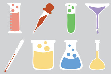 Laboratory equipment flat color illustration. Beaker glass, teat tube, flask, thermometer, pipette, measuring glass, etc. Used for education, design, poster, etc.