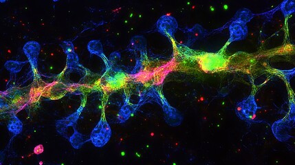 Obraz premium Microscopic view showcases vibrant neurons interconnected with colorful dendrites on a black background